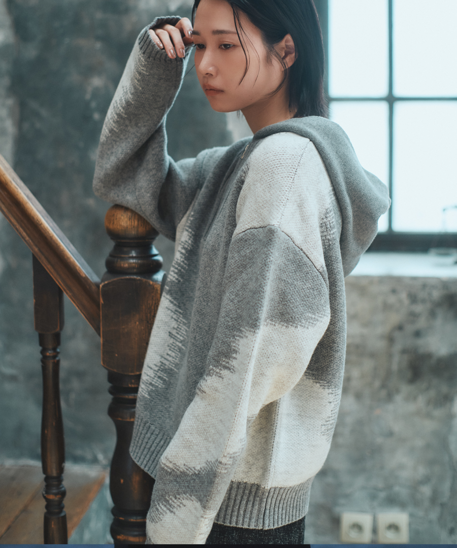 "静寂と青" Knit Zip Hoodie