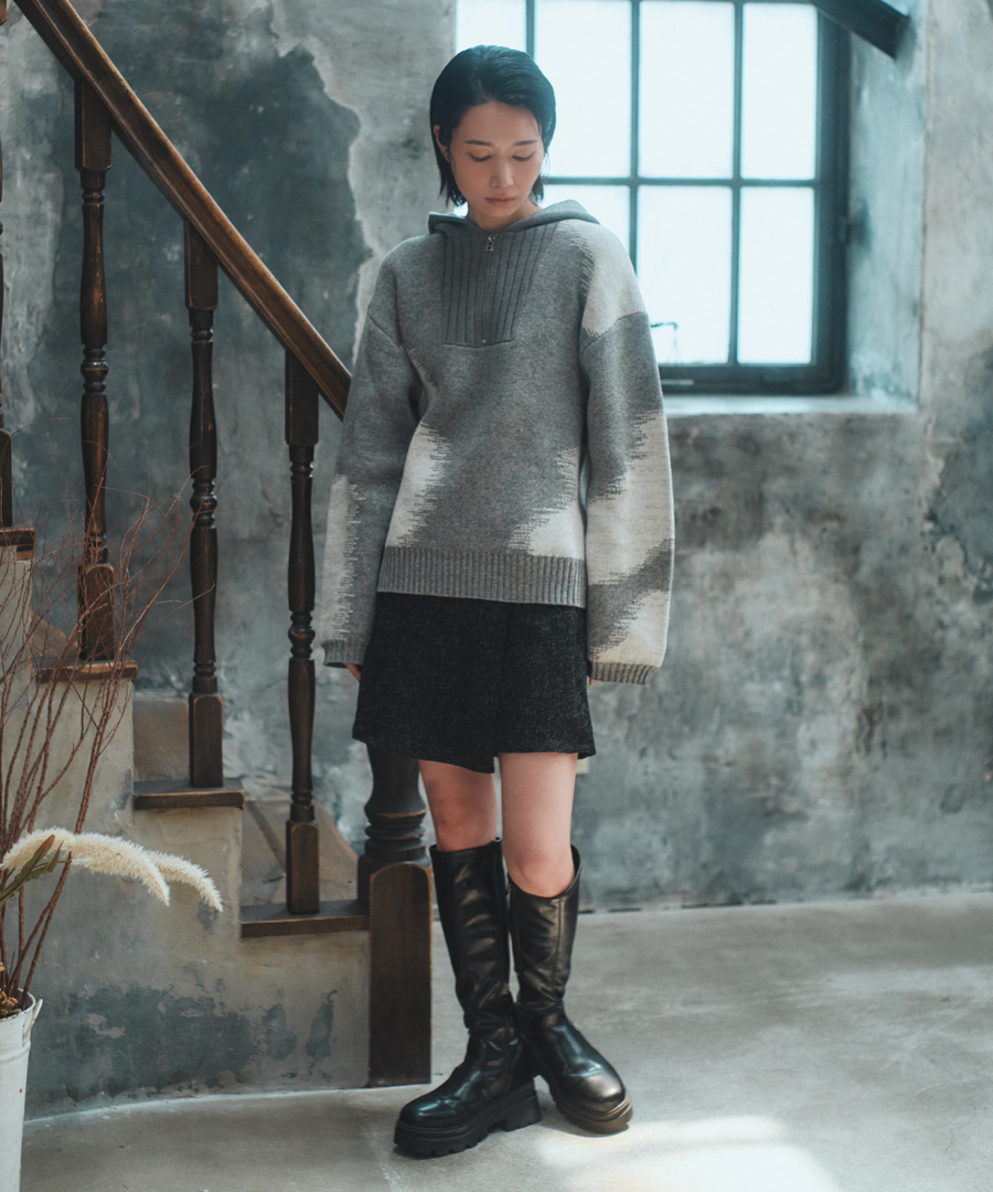 "静寂と青" Knit Zip Hoodie